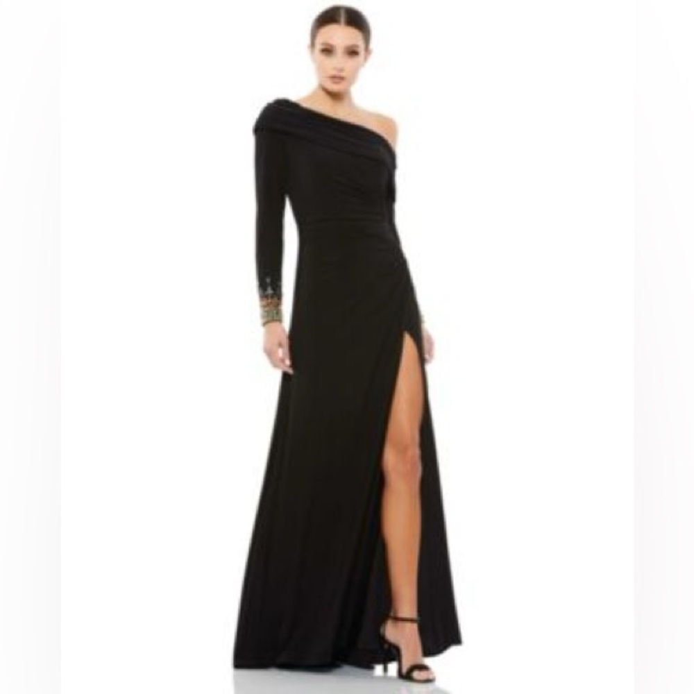 Mac Duggal black one shoulder bejeweled cuff dress sz 4